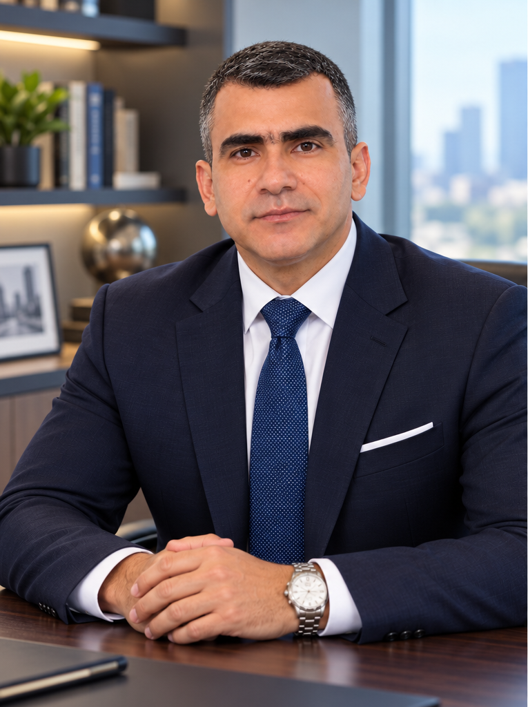 Alvaro Penaranda seated in a navy blue suit