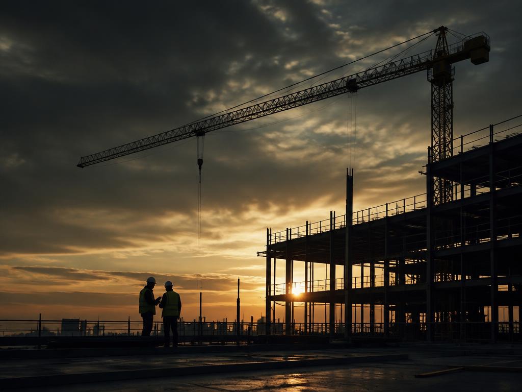 Construction site with steel structure and crane at dusk