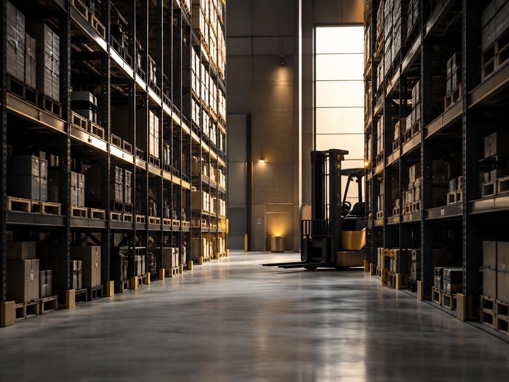 Modern logistics warehouse aisle with organized shelving