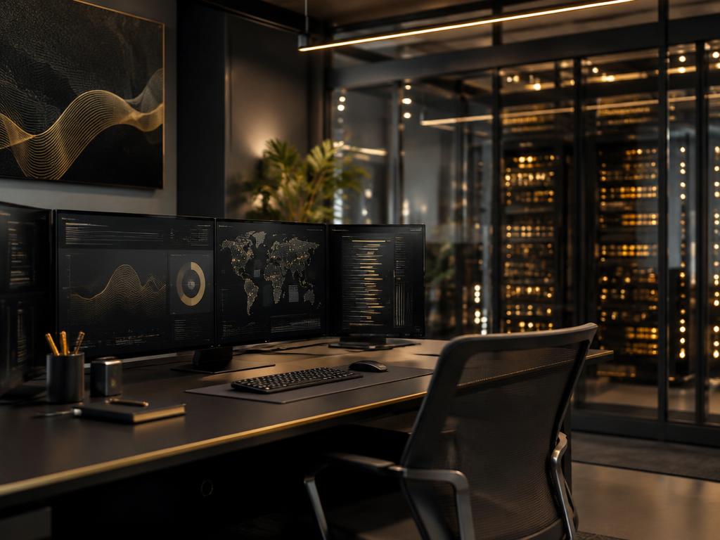 Modern technology workspace with analytics dashboards